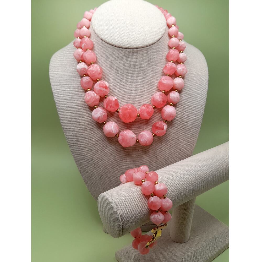 Vintage Pink Lucite Necklace Bracelet Set Chunky Marbled 1950s